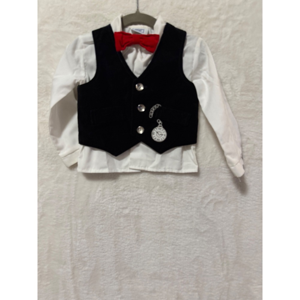 Little Bit Infant Boy Formal Set White Shirt Black Vest Red Bow Tie Size 24M